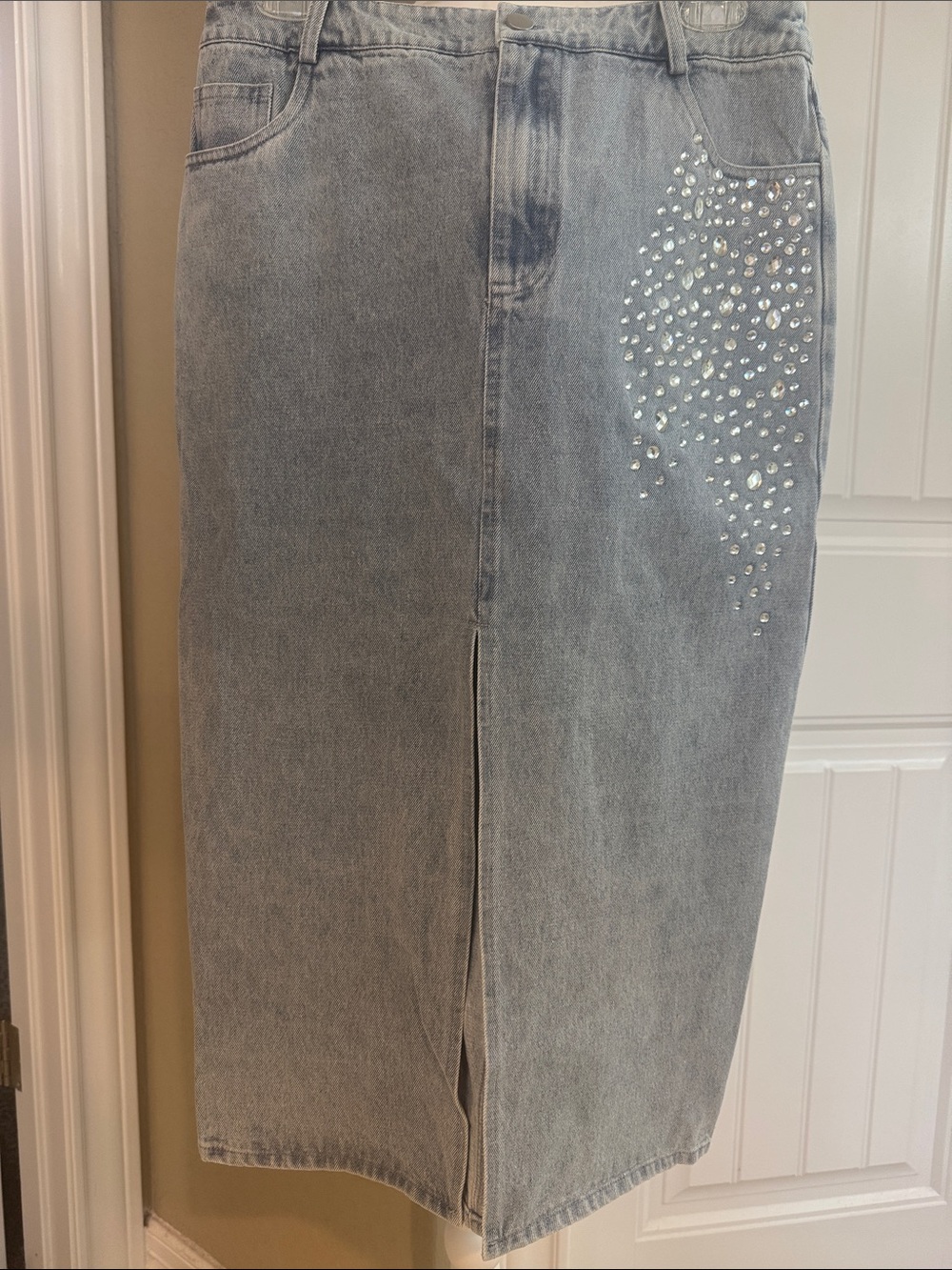 NWT Fate Light Wash Denim Skirt with Rhinestone Accent SZ SM waist 14” Length30”